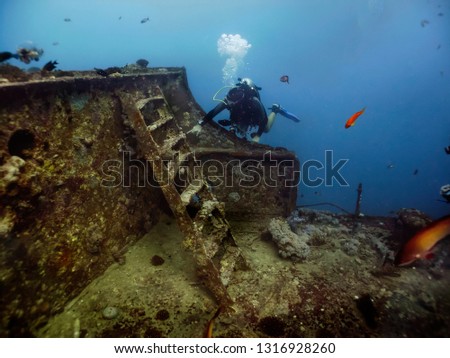 S.S. Thistlegorm Wreck, sunk on 5 October 1941 in the Red Sea and is now a well known dive site. Royalty-Free Stock Photo #1316928260