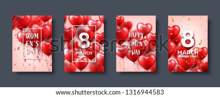 Women's day background with red balloons, heart shape.Confetti and ribbon. Love symbol. March 8. I love you. Vector illustration