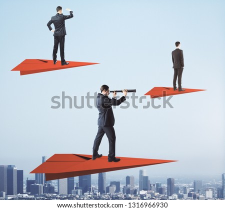 Businessmen on red paper planes looking into the distance with telescopes on sky background. Vision and job search concept