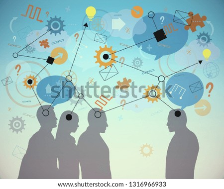 Businesspeople silhouettes standing on abstract blue background with creative communication icons. Teamwork and success concept 