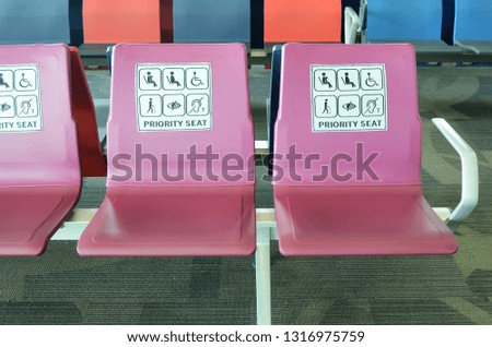 Empty priority seats in international airport for disability, pregnant, child and senior people 