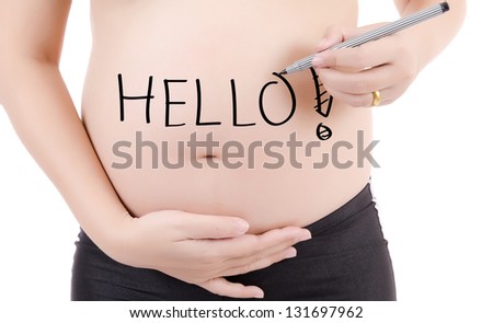 Concept image of pregnant belly with painting word isolated on the white background.