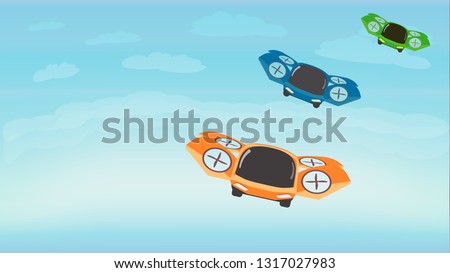 Racing in Sky on Flying Sports Cars. Futuristic Technology. Cartoon Composition. Flat Style. Vector Illustration. Drones and Our Future. Banner. Cartoon Flying Machines. Different Colors. Royalty-Free Stock Photo #1317027983