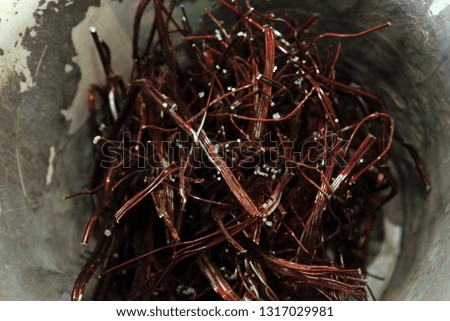 Close-up copper wires industry raw materials recycled concept.