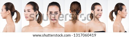 Collage group pack Asian Woman after applying make up hair style. no retouch, fresh face with acne, lips, eyes, cheek, nice smooth skin. Studio white background, aesthetics therapy treatment 360