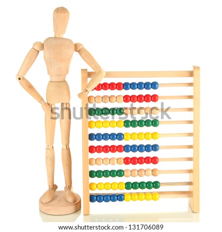 Bright toy abacus and wooden dummy, isolated on white