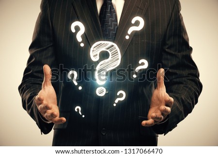 Double exposure of man hands with question marks. Consept of asking and searching information.