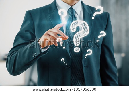 Double exposure of man hands with question marks. Consept of asking and searching information.