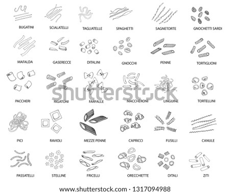 Hand drawn large set of different types of Italian pasta with names. Vector linear illustration. Isolated on white, monochrome.