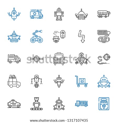 auto icons set. Collection of auto with ice cream machine, truck, robot, taxi, transportation, car, van, wheel, delivery truck, flash, bus, ambulance. Editable and scalable auto icons.