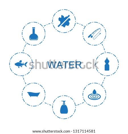 8 water icons. Trendy water icons white background. Included filled icons such as no wash, soap, fishing rod, bottle, water drop, bath, fish, fitness bottle. icon for web and mobile.