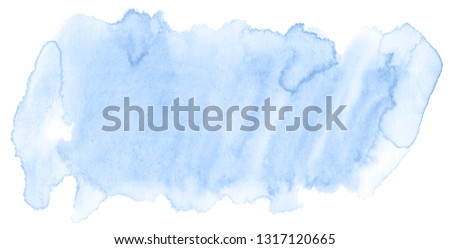Blue watercolor hand-drawn isolated wash stain on white background for text, design. Abstract texture made by brush for wallpaper, label.