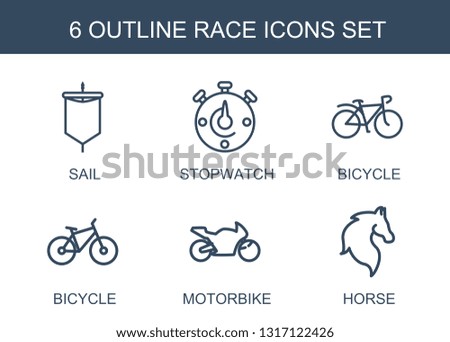 race icons. Trendy 6 race icons. Contain icons such as sail, stopwatch, bicycle, motorbike, horse. race icon for web and mobile.