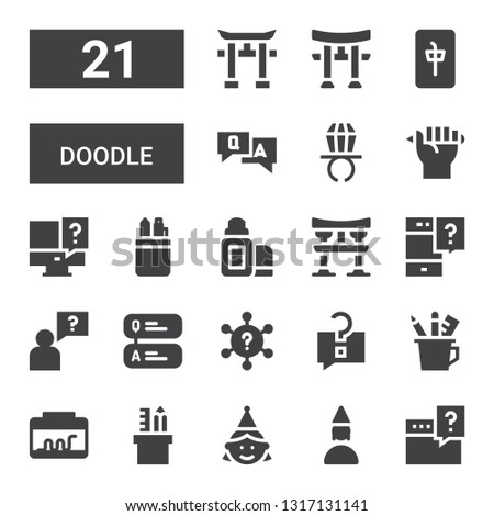doodle icon set. Collection of 21 filled doodle icons included Question, Birthday girl, Pencil case, Terrarium, Torii, Lip balm, Drawing, Ring pop, Mahjong