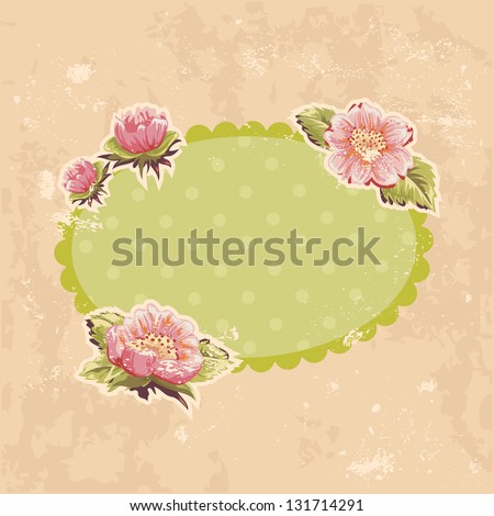 Retro-style floral invitation postcard on grunge paper background