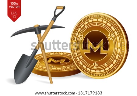 Monero mining concept. 3D isometric Physical bit coin with pickaxe and shovel. Digital currency. Cryptocurrency. Golden Monero coins isolated on white background. Vector illustration.