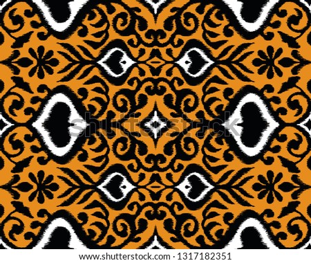 Ikat geometric folklore ornament. Oriental vector damask pattern. Ancient art of Arabesque. Tribal ethnic texture. Spanish motif on the carpet.  Aztec style.  Indian rug. Gypsy, Mexican  embroidery.