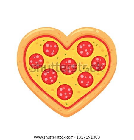 Heart shaped pepperoni pizza cartoon drawing isolated on white background. Funny pizza lovers vector illustration.