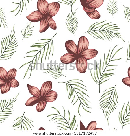 Vector seamless pattern of green palm tree leaves with red flowers on white background. Summer repeat tropical backdrop. Exotic jungle ornament