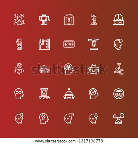 Editable 25 intelligence icons for web and mobile. Set of intelligence included icons line Mindfulness, Mind, Cap, Robot, Robot arm, Graduation cap, Ram, Mechanical arm on red