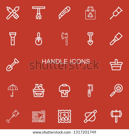 Editable 22 handle icons for web and mobile. Set of handle included icons line Brush, Robotic arm, Cutter, Shopping bag, Crutch, Flashlight, Pizza cutter, Axe on red background