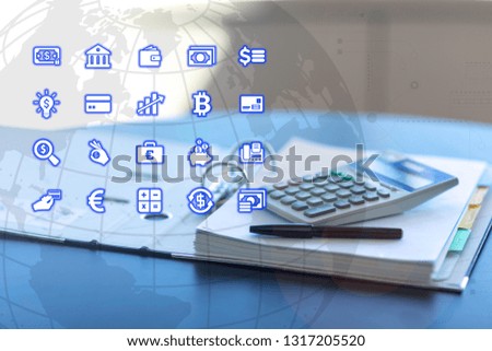 Note book and calculator on digital world background