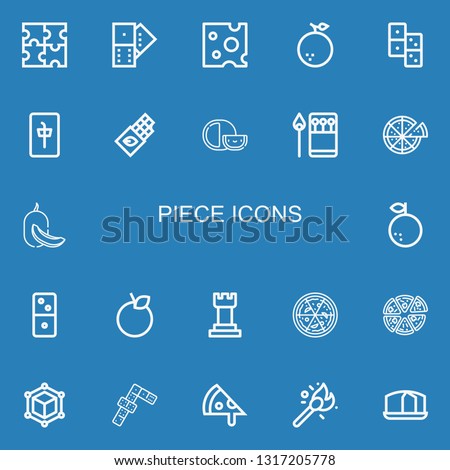 Editable 22 piece icons for web and mobile. Set of piece included icons line Puzzle, Domino, Cheese, Orange, Mahjong, Chocolate, Matches, Pizza, Melon, Dominoes on blue background