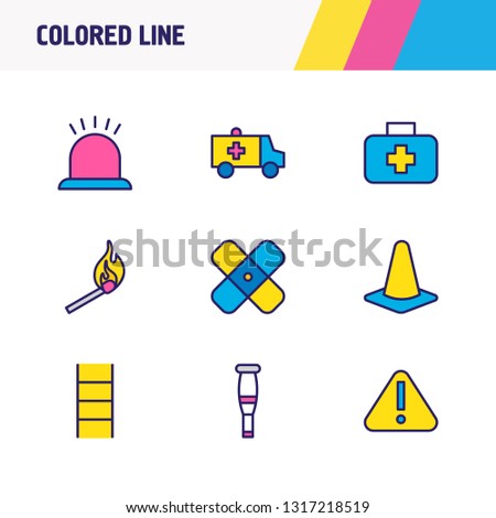 Vector illustration of 9 necessity icons colored line. Editable set of siren, crutches, attention and other icon elements.