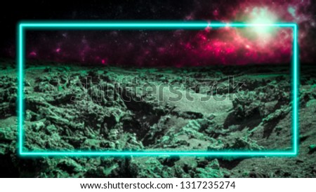 Turquoise laser neon light frame over outer space background with galaxies and stars. Extraterrestrial alien planet. Copy space for text or product display.