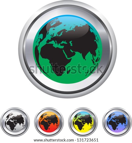 Globe and world map on metallic circle elements. Vector illustration