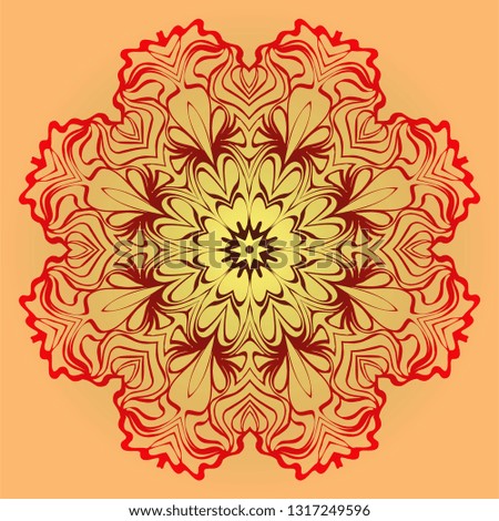 Hand-Drawn Ethnic Mandala. Circle Lace Ornament. Vector Illustration. For Coloring Book, Greeting Card, Invitation, Tattoo. Red, orange sunrise color.