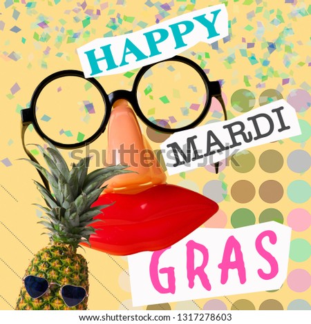 text happy mardi gras, fake black eyeglasses with a nose and a mouth, and a pineapple with sunglasses, on a yellow background patterned with dots of different colors, as a contemporary art collage