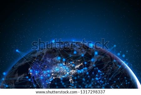 satellite signal, hologram ai ui technology global social network world, earth with net web glow graphic around, innovation of data system communication link, Elements of this image furnished by NASA Royalty-Free Stock Photo #1317298337