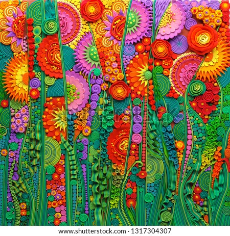 
bright color texture of plasticine plants and flowers