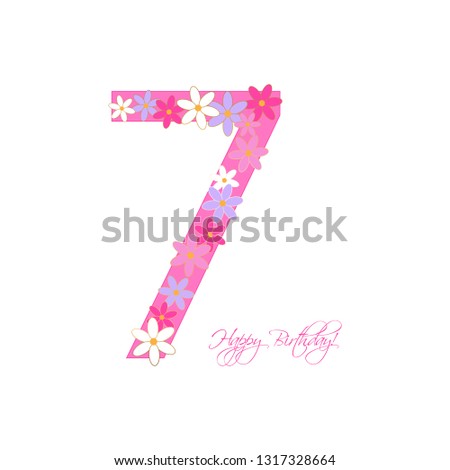 Vector illustration of Happy Birthday. 7 years. Flowers