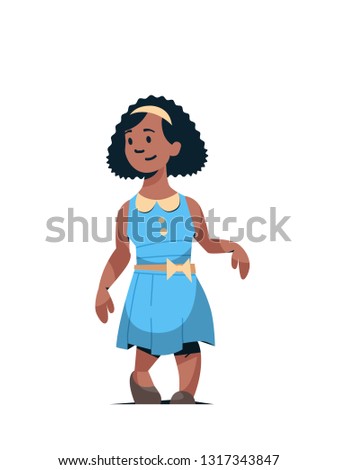 happy smiling girl standing pose little african american child in blue dress female cartoon character full length flat white background vector