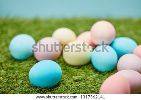 selective focus of easter painted eggs on grass 