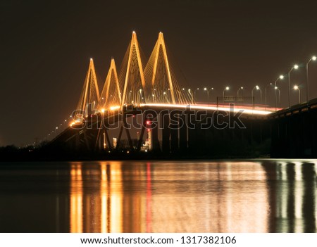 The Fred Hartman Bridge is a cable-stayed bridge in the U.S. state of Texas spanning the Houston Ship Channel. The bridge is the longest cable-stayed bridge in Texas. Night photography