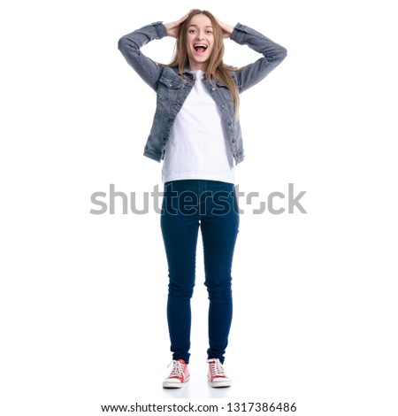 Woman in jeans wow looking on white background. Isolation