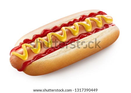 Delicious hot dog with ketchup and mustard, isolated on white background Royalty-Free Stock Photo #1317390449
