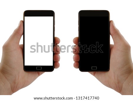 Hand holding non branded mobile phone with white and black screen. Isolated high resolution photo on white background.