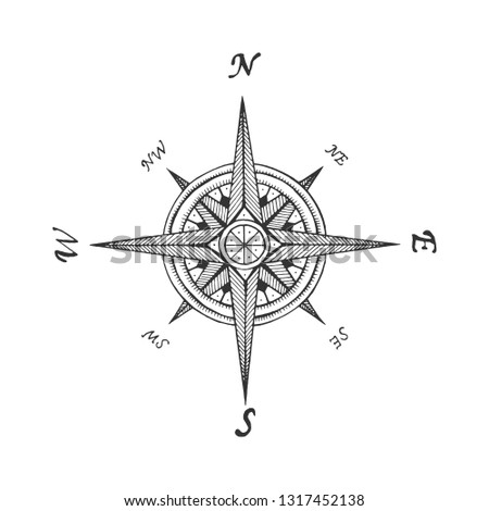 Medieval wind rose sketch engraving vector illustration. Scratch board style imitation. Black and white hand drawn image.