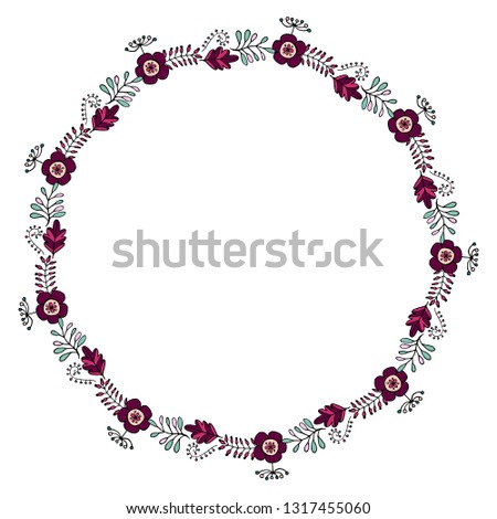 Round frame with floral doodles. Festive floral wreath on white background. Romantic floral circle for your design