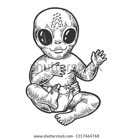 Alien baby kid in diaper napkin sketch engraving raster illustration. Scratch board style imitation. Black and white hand drawn image.