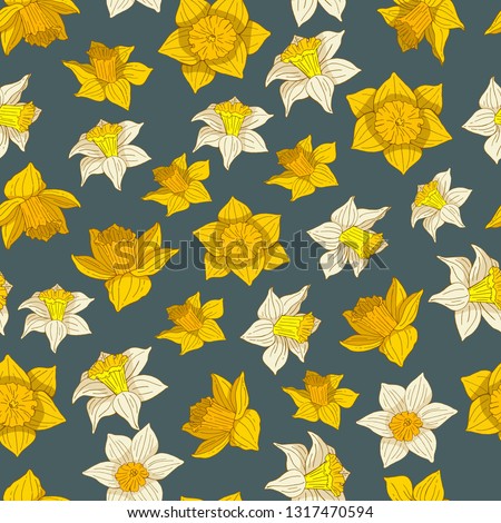 Seamless pattern with white and yellow daffodils. Endless texture with spring flowers on grey blue background