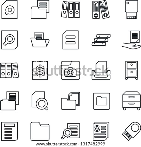 Thin Line Icon Set - office binder vector, document search, receipt, folder, photo gallery, paper, tray, archive box, usb flash