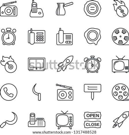 Thin Line Icon Set - alarm clock vector, phone, stamp, sickle, plant label, reel, flame disk, radio, tv, office, open close, turkish coffee, rocket