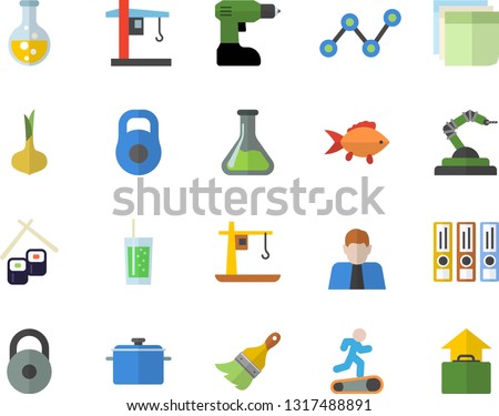 Color flat icon set drill screwdriver flat vector, paint brush, saucepan, fish, onion, rolls, soda, chemistry, crane, robotics, person, scatter chart, sticker, folders for papers, weight, Treadmill
