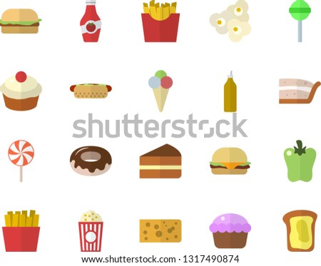 Color flat icon set cheese flat vector, hamburger, hot dog, cupcake, piece of cake, donut, lollipop, bell pepper, French fries, popcorn, ice cream, mustard, ketchup, sandwich