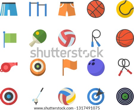 Color flat icon set flag flat vector, target, whistle, bowling ball, basketball, volleyball, skipping rope, parallel bars, athletic shorts, tennis, table, golf fector
